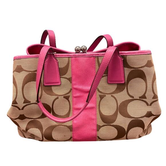 Y2K Coach Kisslock Shoulder Bag Signature Canvas Pink & Brown